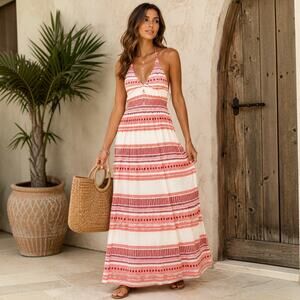 O’Neill NWT Halter Maxi Dress Small XS Fit Coral Cream Boho Resort Tassels